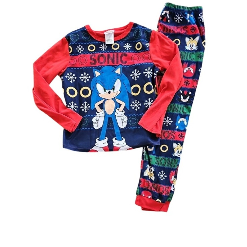 Sonic the Hedgehog Holiday Pajama Set Festive Gamer Sleepwear Size 10 Blue Red